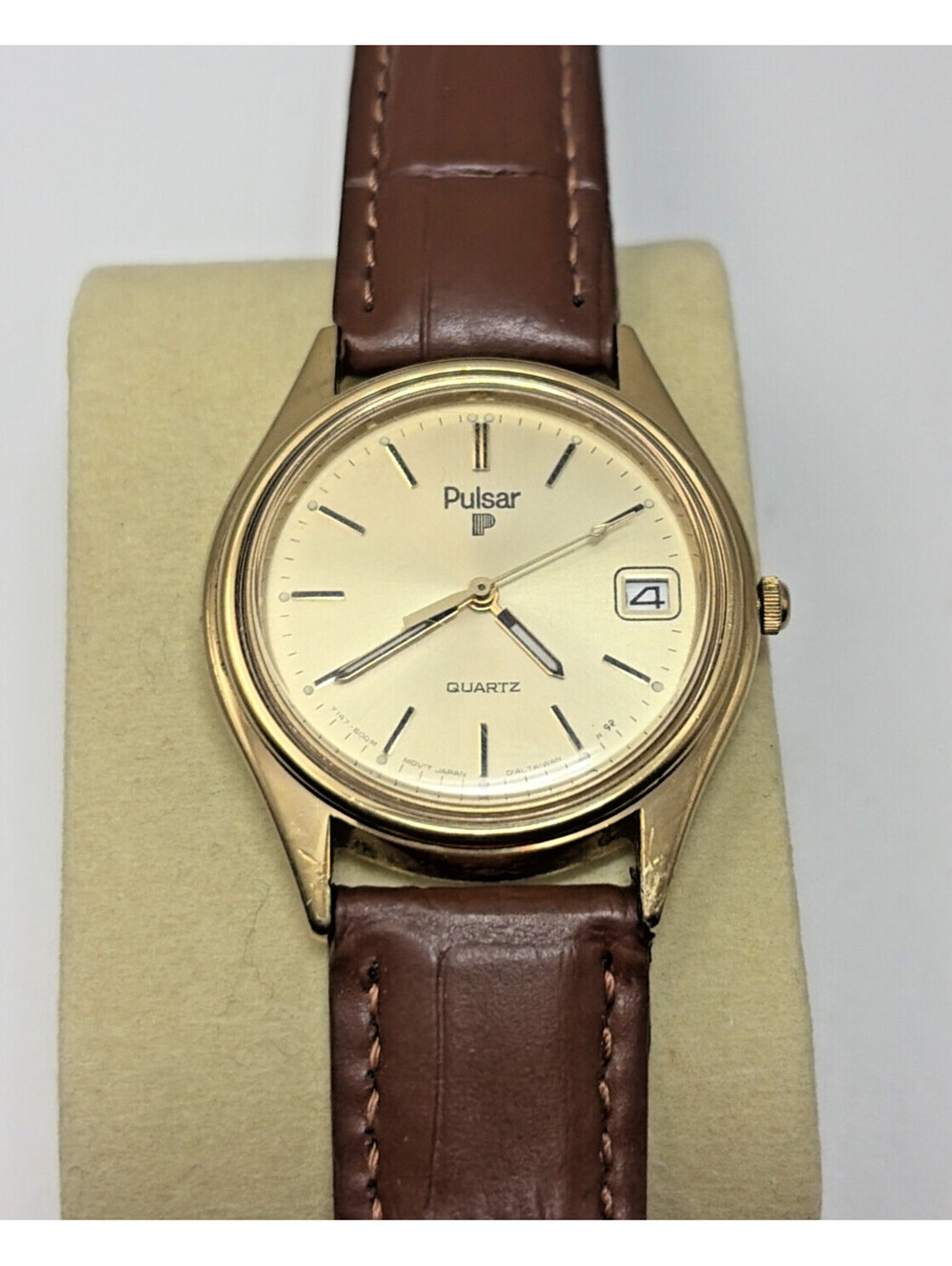 Pulsar Mens Watch 32mm Gold Tone Y147-6009 Brown Leather Band Date New Battery